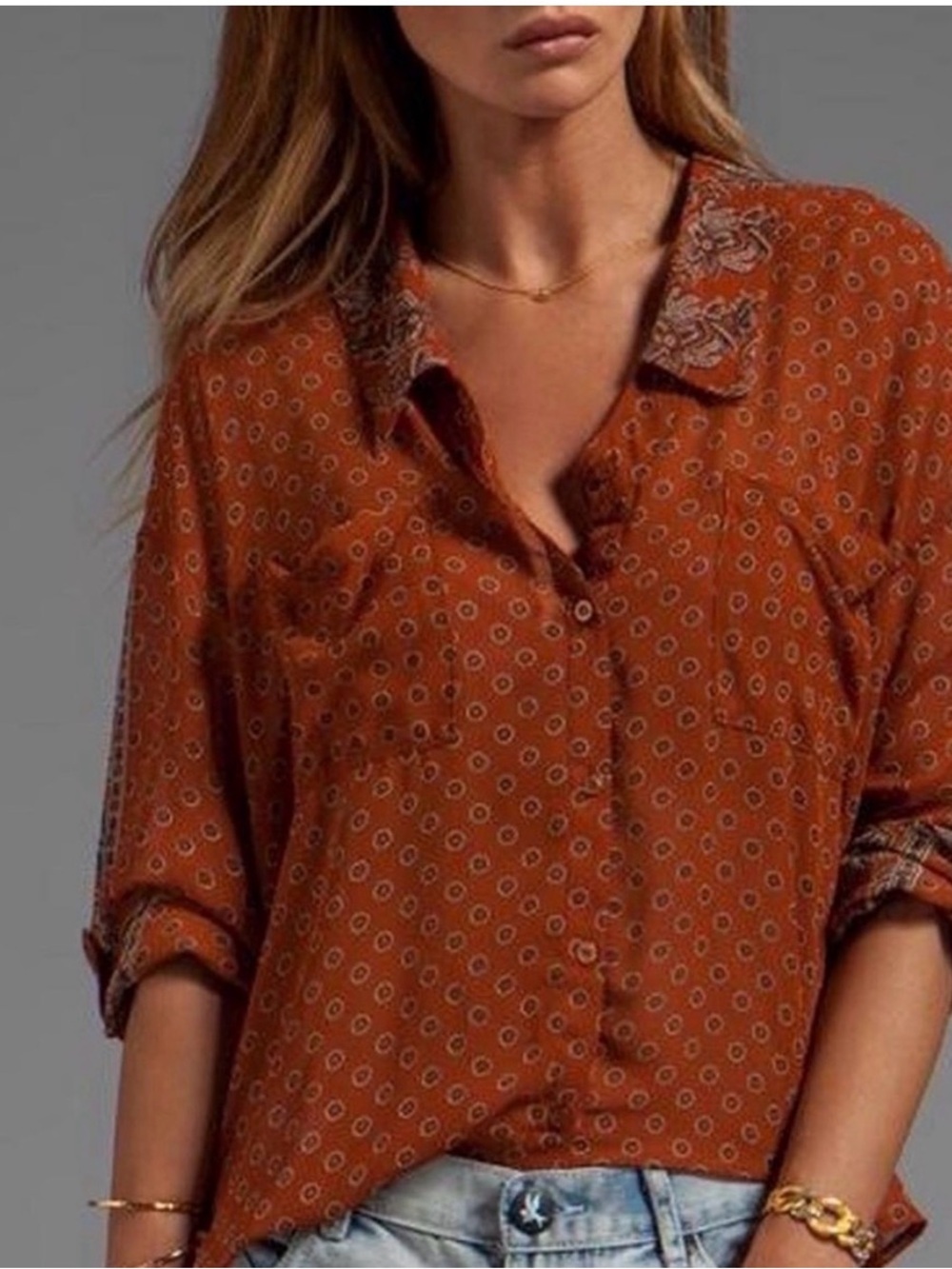 Free People Rust Printed Button-Front Blouse